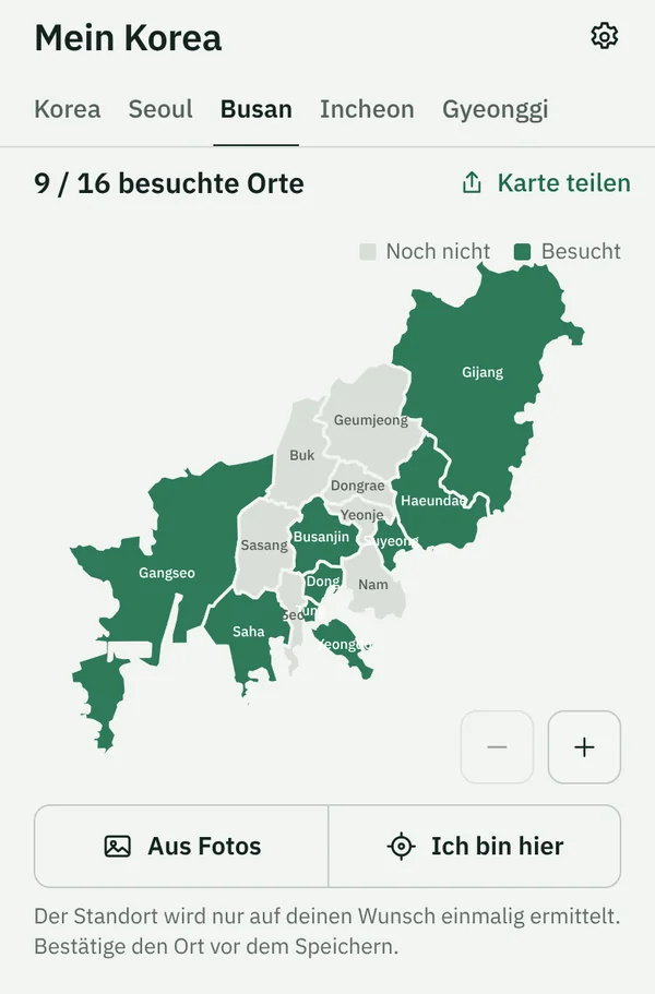 Die Karte Mein Korea in TapSeoul im Tab Busan, 9 von 16 Bezirken ausgefüllt