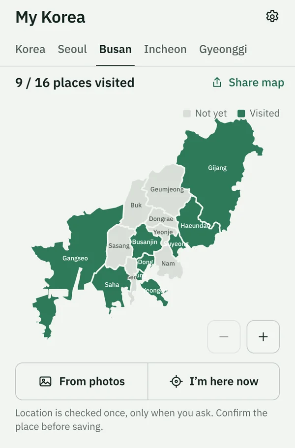 TapSeoul's My Korea map on the Busan tab, with 9 of 16 districts filled in