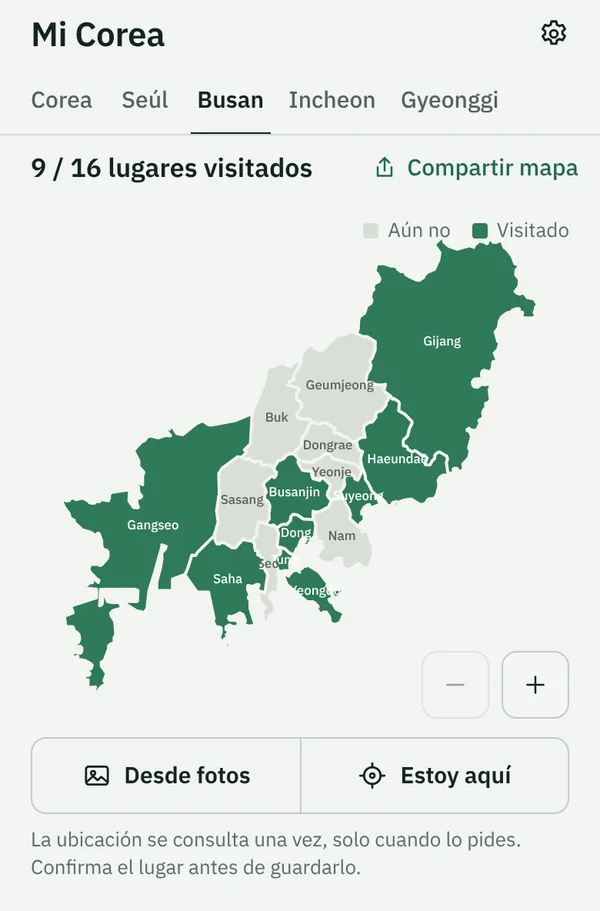 El mapa Mi Corea de TapSeoul en la pestaña Busan, con 9 de los 16 distritos coloreados