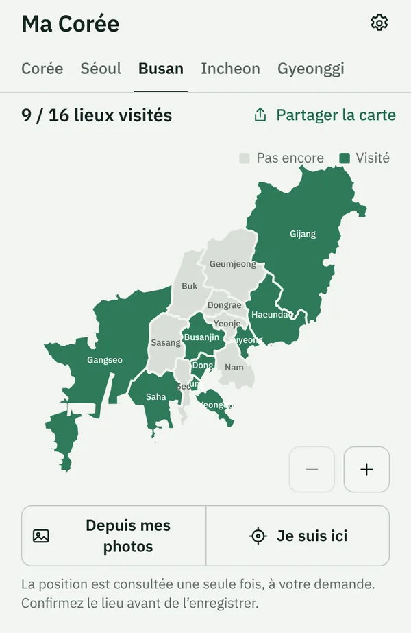 La carte Ma Corée de TapSeoul sur l’onglet Busan, avec 9 arrondissements sur 16 coloriés