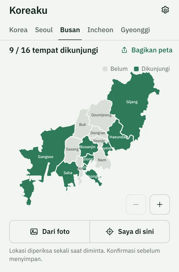 Peta Koreaku di TapSeoul pada tab Busan, dengan 9 dari 16 distrik sudah terisi