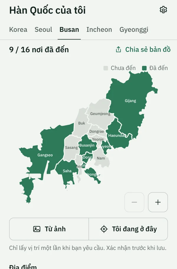 Bản đồ Hàn Quốc của tôi trong TapSeoul ở tab Busan, 9 trên 16 quận, huyện đã được tô màu