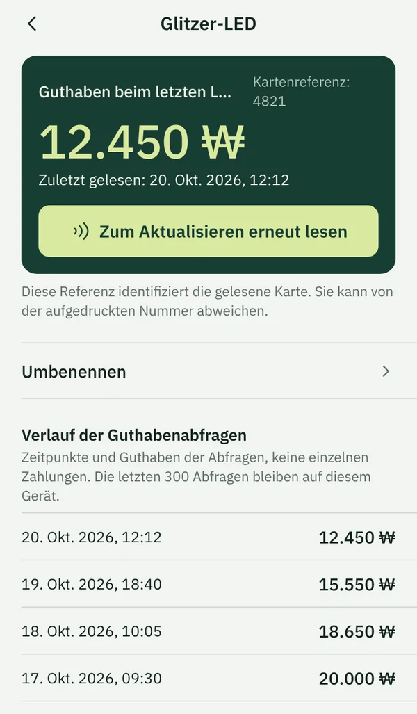 Kartenansicht in TapSeoul mit dem Guthaben beim letzten Lesen und einer Liste früherer Scans