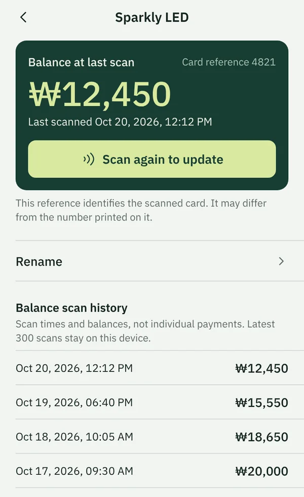 TapSeoul's card screen showing the balance at last scan and a list of earlier scans