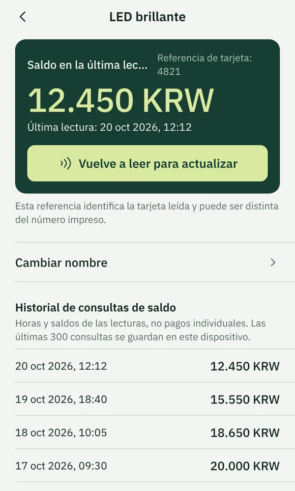 La pantalla de una tarjeta en TapSeoul con el saldo en la última lectura y una lista de lecturas anteriores