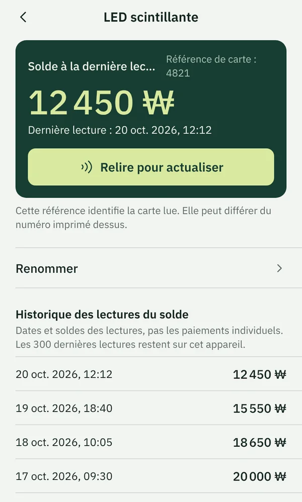 L’écran d’une carte dans TapSeoul, avec le solde à la dernière lecture et la liste des lectures précédentes