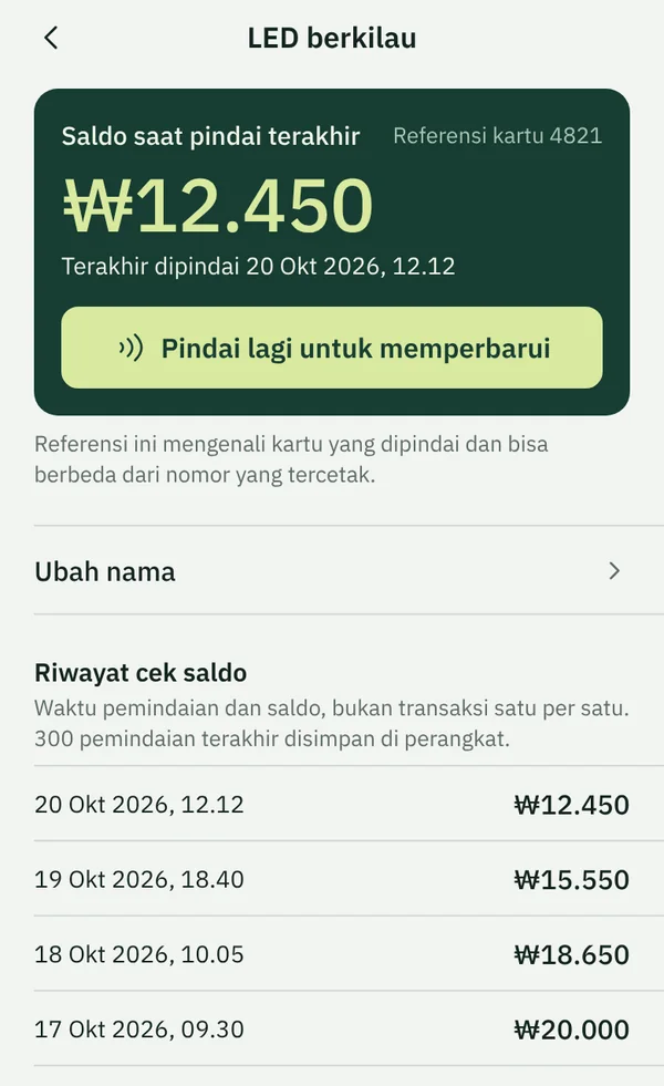 Layar kartu di TapSeoul dengan saldo saat pindai terakhir dan daftar pemindaian sebelumnya