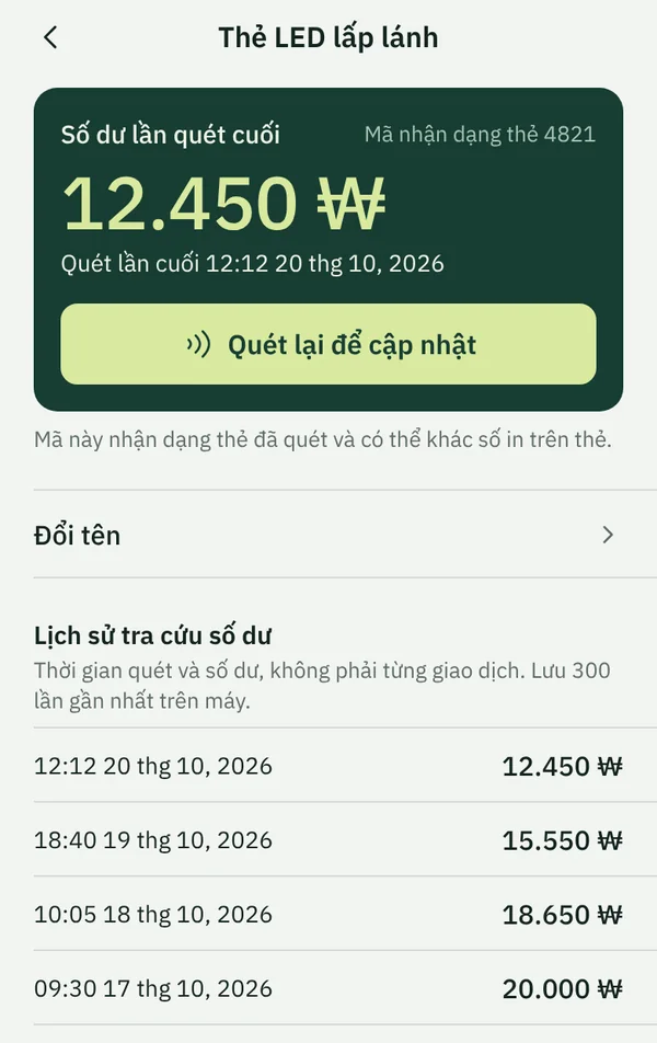 Màn hình thẻ của TapSeoul hiển thị số dư lần quét cuối và danh sách các lần quét trước