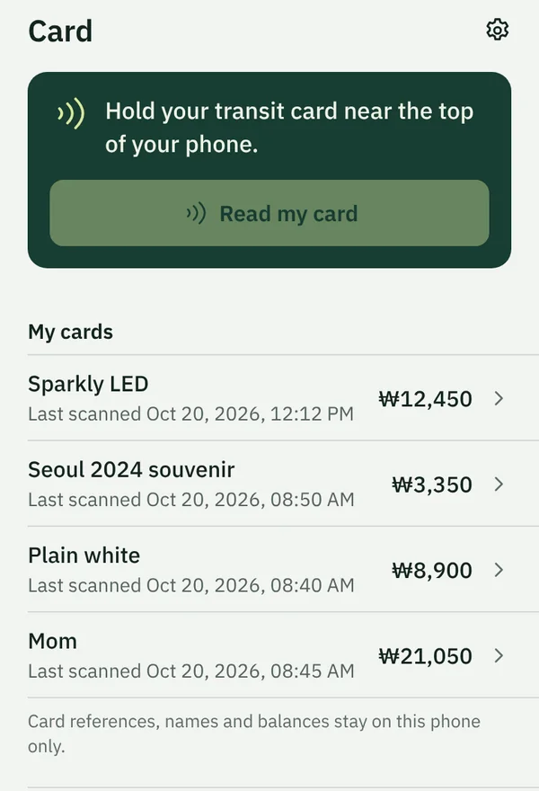 TapSeoul's Card tab with four saved T-money cards, each with a nickname and its balance