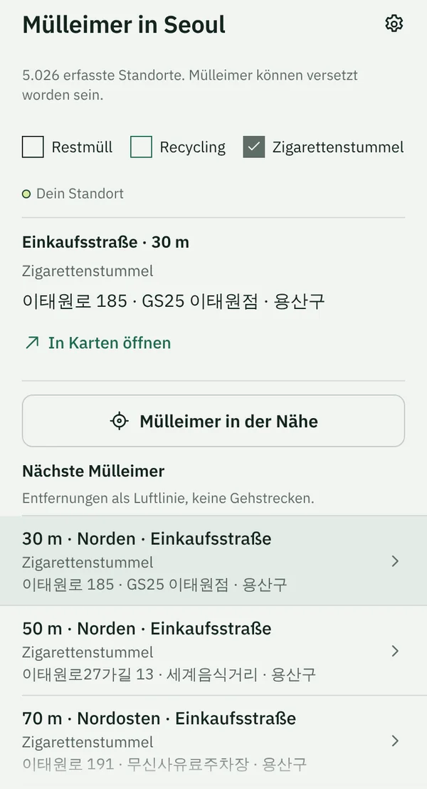 Der Tab Mülleimer in TapSeoul in der Nähe der Station Itaewon mit eingeschaltetem Filter Zigarettenstummel