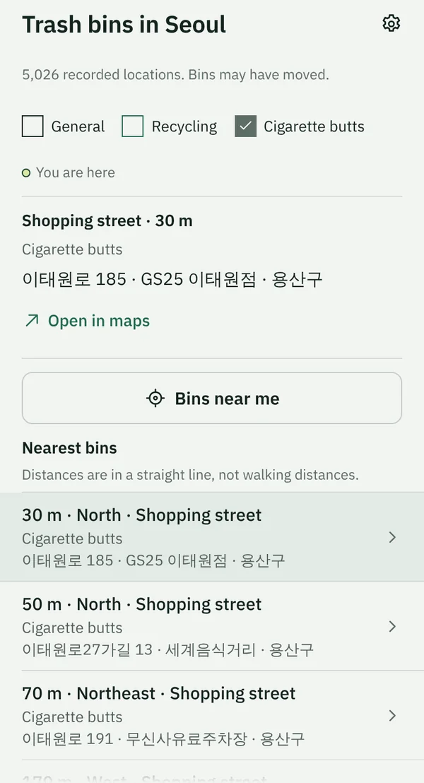 TapSeoul's Trash tab near Itaewon Station with the Cigarette butts filter on