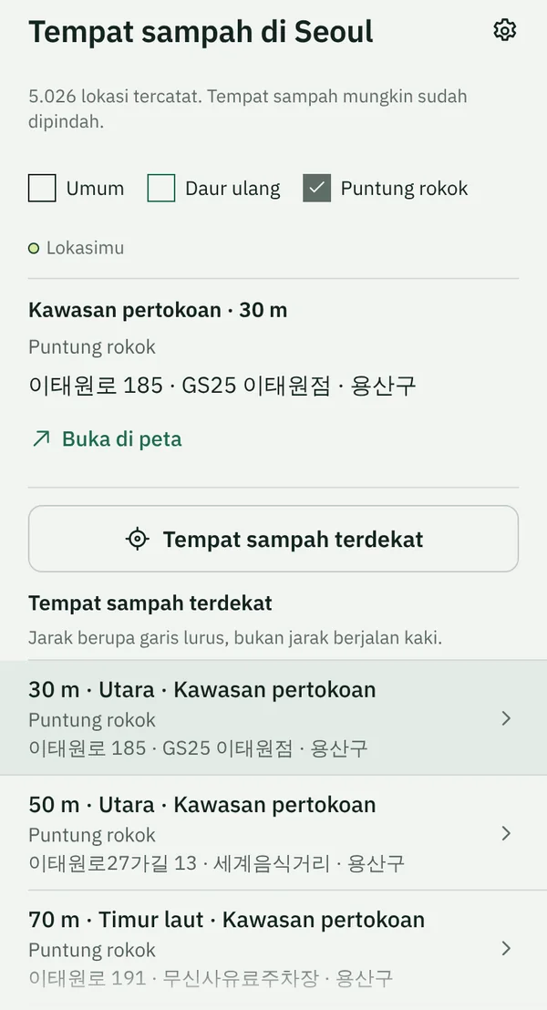 Tab Tempat sampah di TapSeoul dekat Stasiun Itaewon dengan filter Puntung rokok aktif