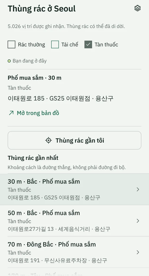 Tab Thùng rác của TapSeoul gần ga Itaewon với bộ lọc Tàn thuốc đang bật