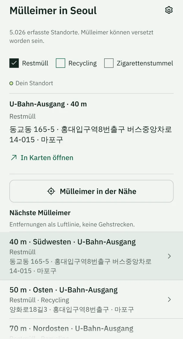 Der Tab Mülleimer in TapSeoul in der Nähe der Station Hongik University, der nächste Restmülleimer ist 40 m entfernt