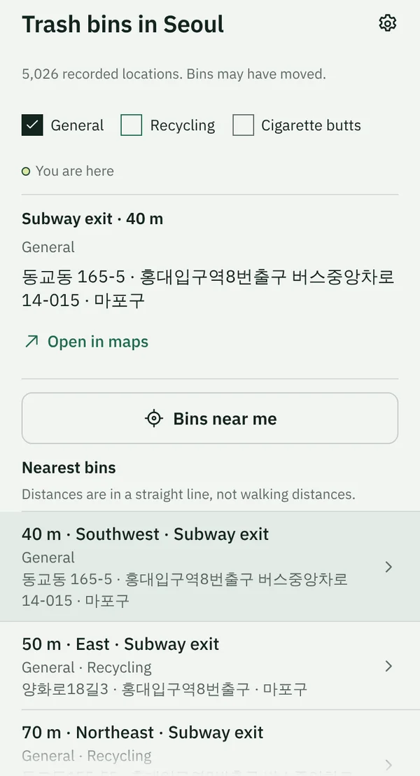 TapSeoul's Trash tab near Hongik University Station, with the nearest general-waste bin 40 m away
