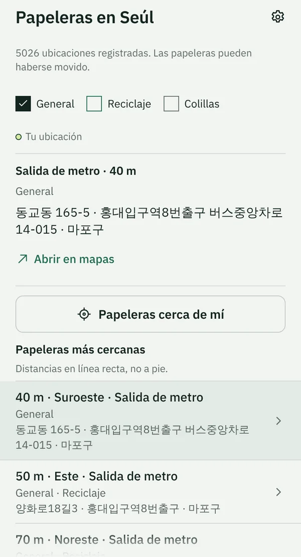 La pestaña Papeleras de TapSeoul cerca de la estación Hongik University, con la papelera general más cercana a 40 m