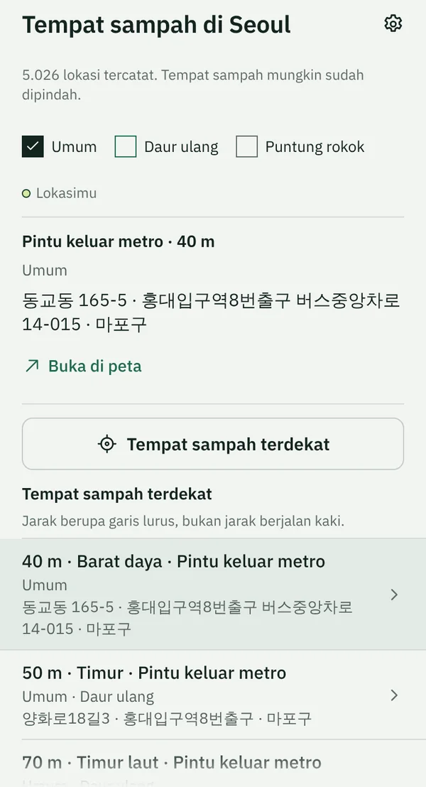 Tab Tempat sampah di TapSeoul dekat Stasiun Hongik Univ., dengan tempat sampah umum terdekat berjarak 40 m