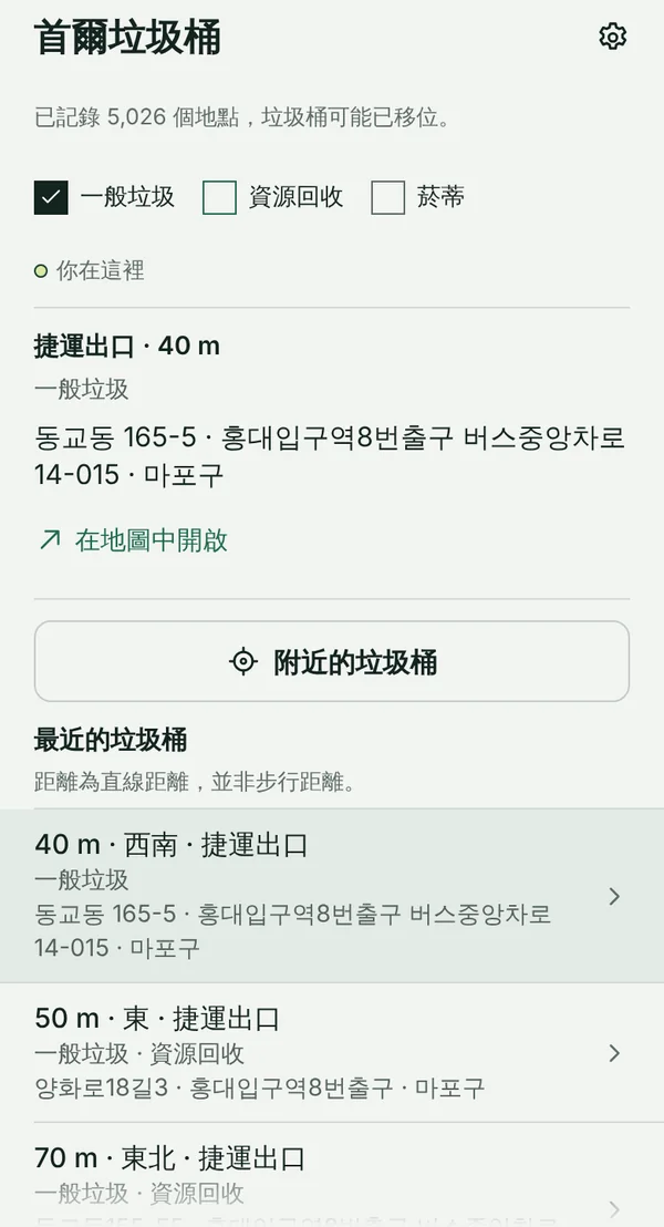 TapSeoul 的「垃圾桶」分頁,位置在弘大入口站附近,最近的一般垃圾桶在 40 公尺外