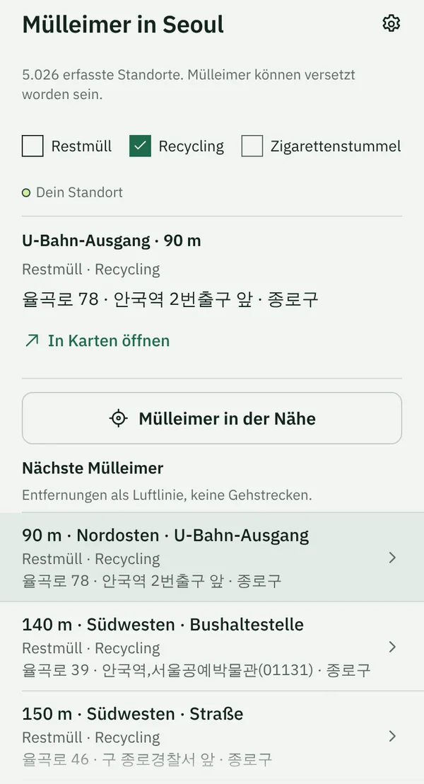 Der Tab Mülleimer in TapSeoul in der Nähe der Station Anguk mit eingeschaltetem Filter Recycling