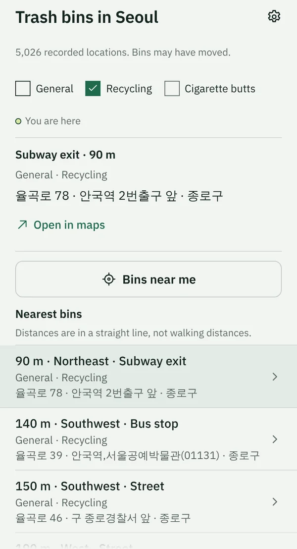 TapSeoul's Trash tab near Anguk Station with the Recycling filter on