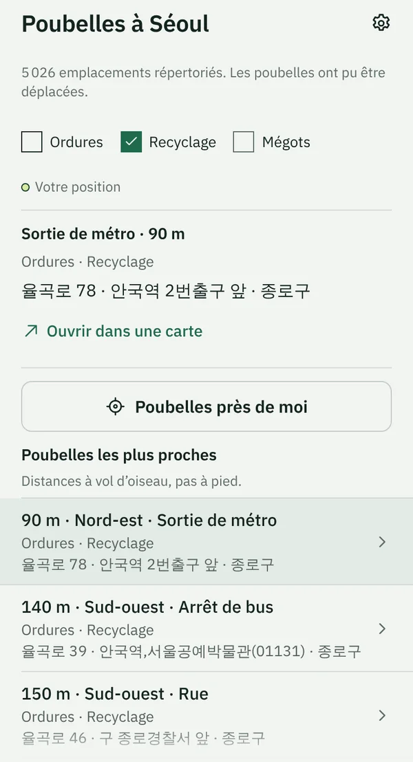 L’onglet Poubelles de TapSeoul près de la station Anguk, avec le filtre Recyclage activé