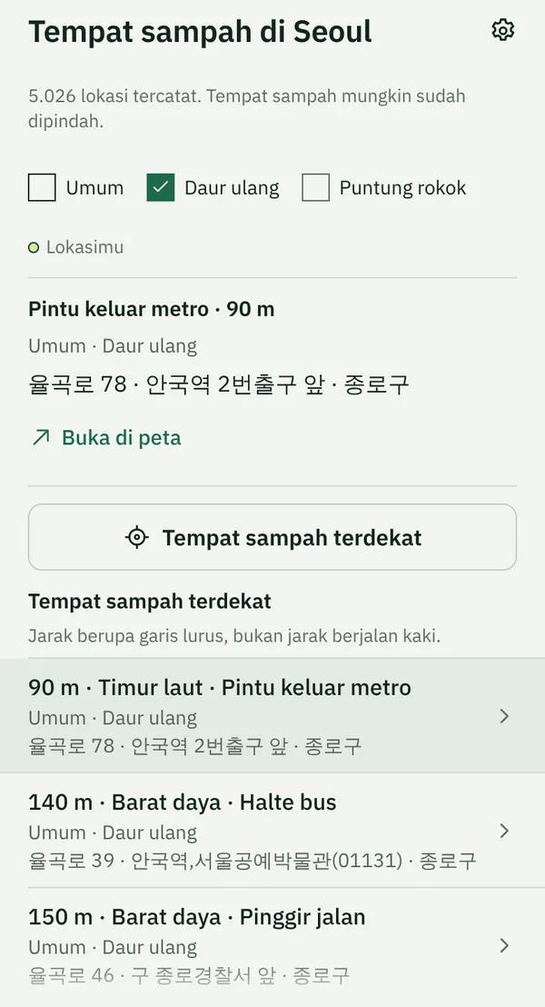 Tab Tempat sampah di TapSeoul dekat Stasiun Anguk dengan filter Daur ulang aktif
